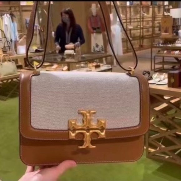 Tory Burch Eleanor Large Tan and Cream Shoulder Bag with Gold Accent - Picture 1 of 4